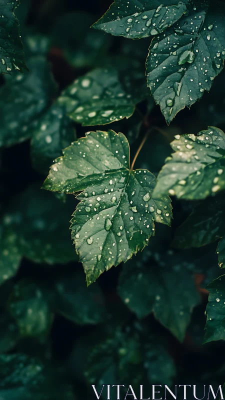 Macro study of rain-soaked green leaf with dark bokeh field