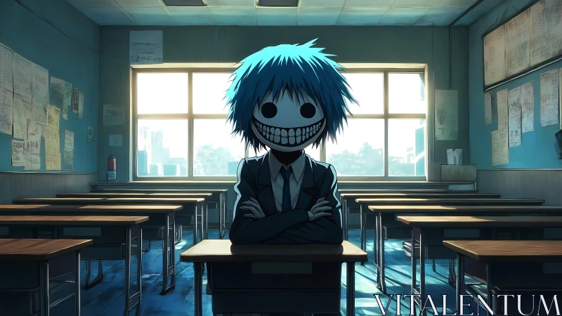 Smiling blue-haired figure dominates eerie empty classroom.