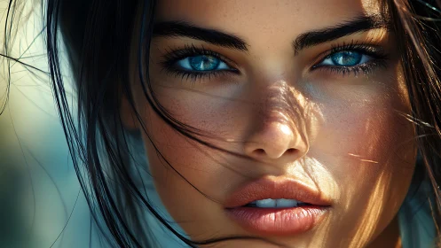 Digital portrait close-up with intense blue eyes and light play.