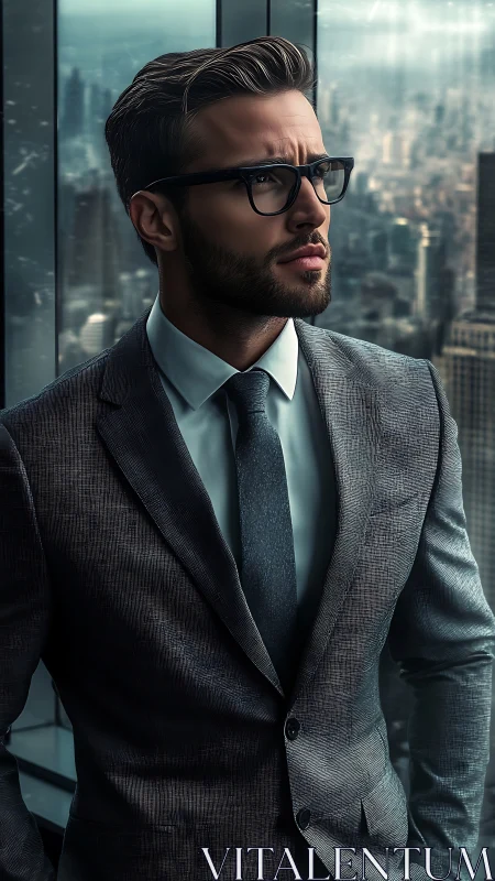 Confident professional gazing over a misty city skyline.