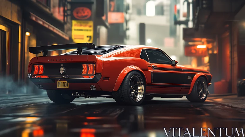 Modified classic muscle car on wet urban street at night.