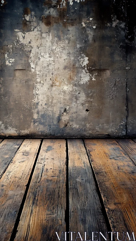 Weathered wooden floor with distressed concrete backdrop.