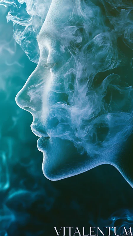 Whispered profile of smoke-born face in teal dreamlight.