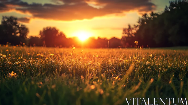 Low-angle meadow sunset with shallow depth-of-field rendering.