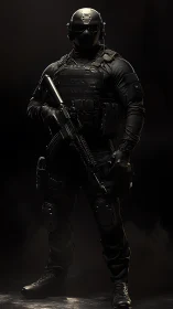 Heavily equipped tactical soldier stands in controlled lighting