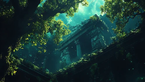 Overgrown neoclassical ruin under volumetric forest light.