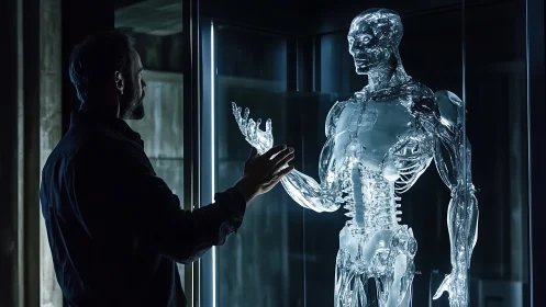 Engineer examines transparent humanoid robot in illuminated glass chamber