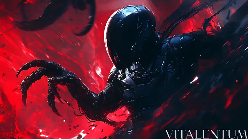 Armored alien entity emerges amid chaotic red energy field