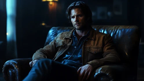 Moody male portrait in leather jacket on worn armchair.