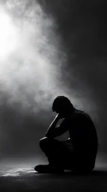 Silhouetted person sits on floor in harsh directional light