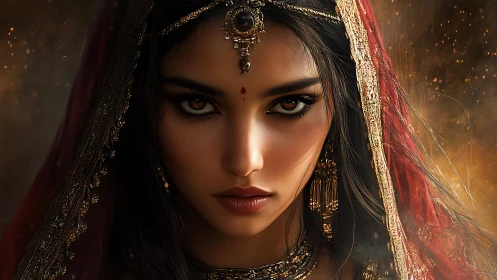 Regal woman portrait with molten gold and ember glow