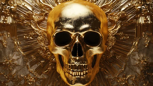 Gilded skull grins amid baroque sunbursts of molten gold