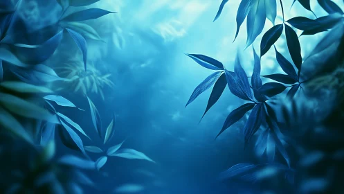 Soft moonlit leaves drift in a dreamy blue forest glow