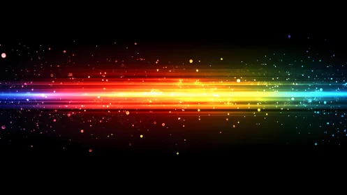 Vibrant Light Streaks and Colorful Particles on Black Background.