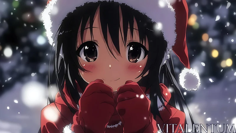 Snow-illuminated anime girl in Santa outfit with shallow depth
