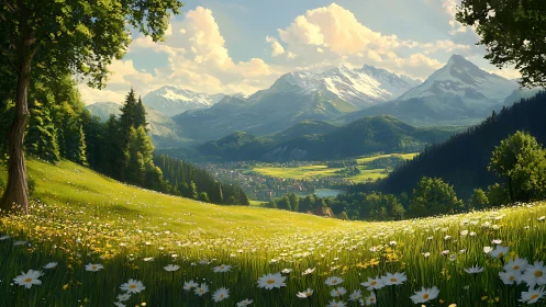 Mountain valley landscape with meadow, forest, and village.