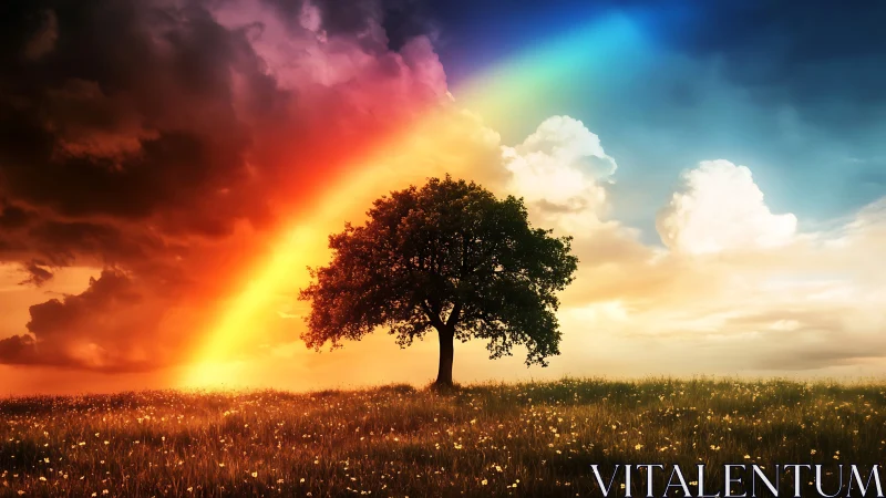 Solitary tree rests beneath a vivid rainbow split sky