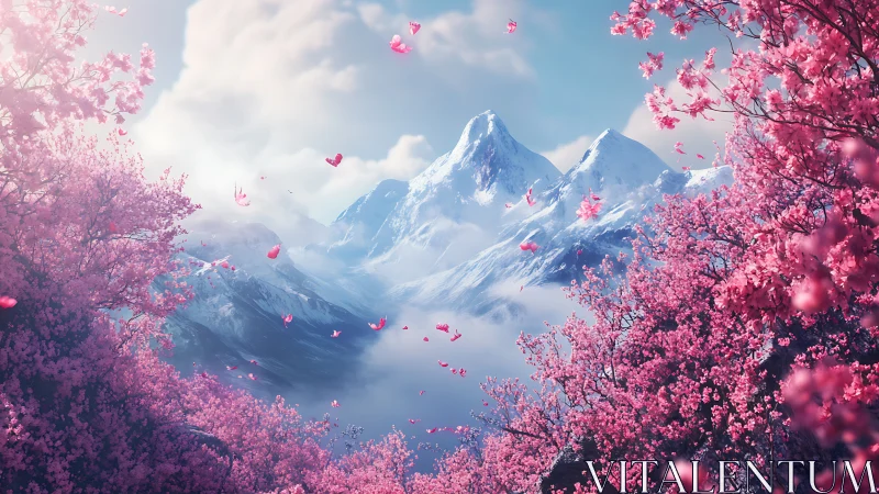 Snowy mountain peaks framed by dense pink blossoms.