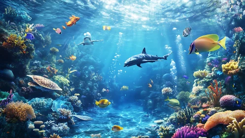 Sunlit coral reef welcomes bright fish, turtles, and a shark