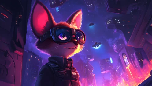 Starry-eyed fox explorer roaming a neon space cityscape.