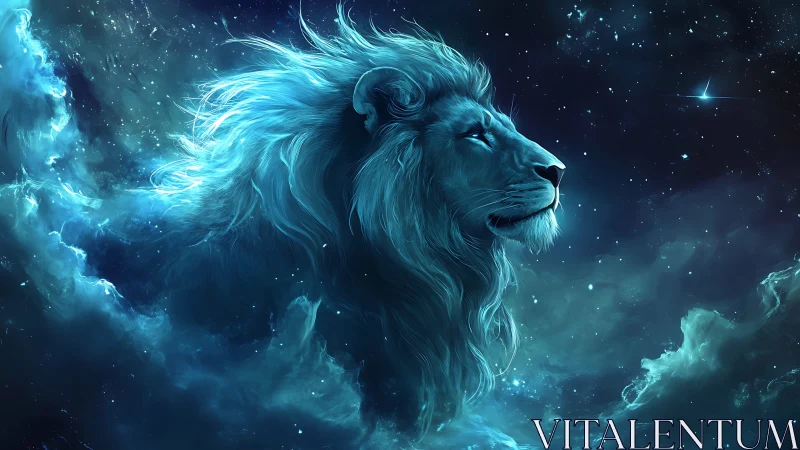 Majestic blue cosmic lion emerging from glowing nebula.