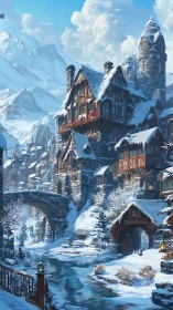 Snowbound alpine village with river, bridge and towers.