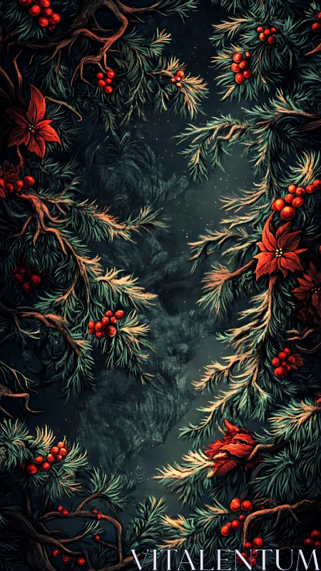 Dark forest framed by evergreen branches and red berries.