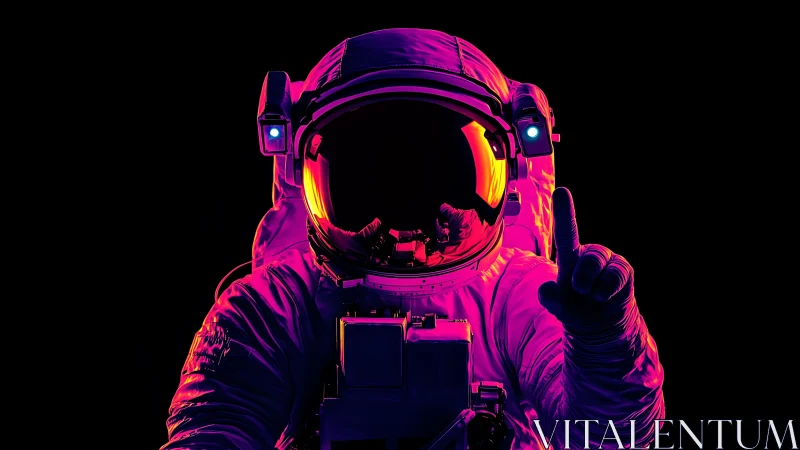 Neon astronaut portrait in vivid duotone on black background.