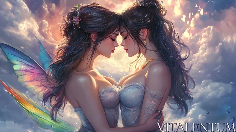 Twin skybound fae entwined in luminous, cloud-kissed devotion.