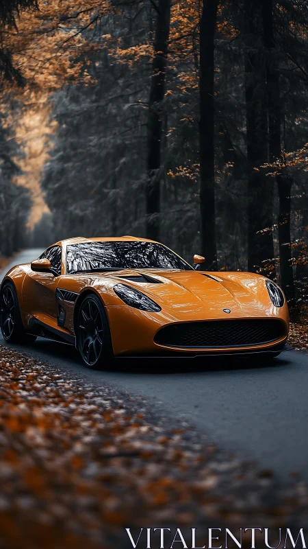 Orange supercar cuts through moody autumn forest road.