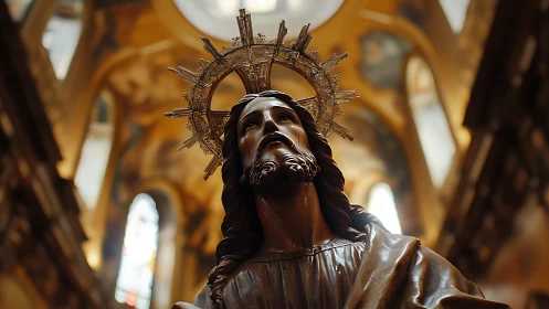 Wooden Christ statue with radiant halo inside ornate church