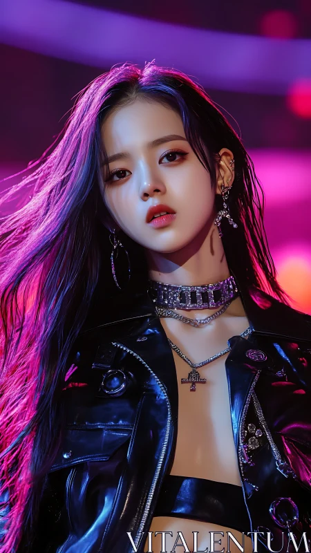 Digital portrait of woman in black leather with neon lighting.