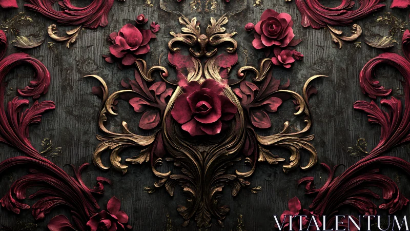 Baroque rose relief with gilded scrollwork against oxidized panel