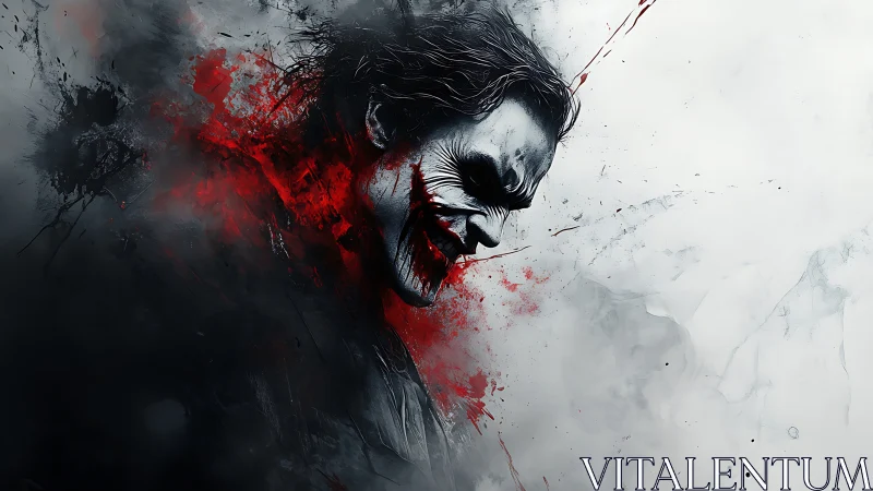 Brooding clown figure wrapped in smoky red and gray haze.