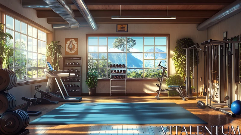 Sunlit home gym interior with mountain view windows.