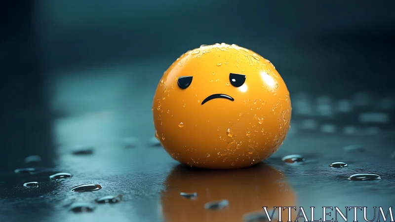 Sad wet orange emoticon sphere rests on reflective surface