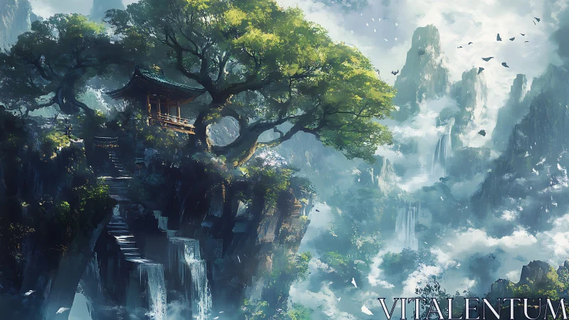 Mountain temple crowns misty cliffs under radiant canopy.