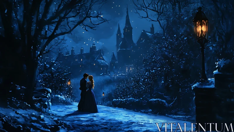 Enchanted Winter Embrace: A Magical Castle Night Scene