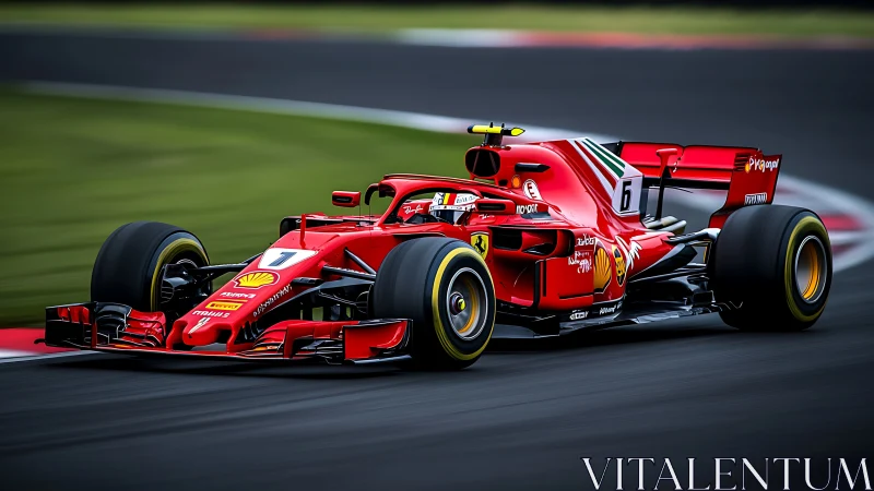 Scarlet race car slicing through a fast flowing racetrack.