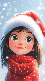 Smiling winter girl in red scarf and Santa hat portrait.