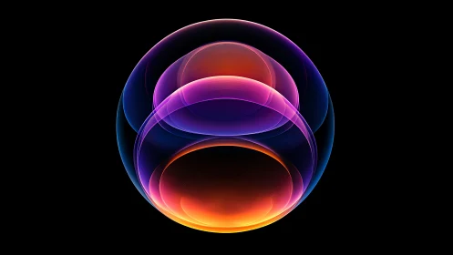 Glowing layered neon sphere on black background.