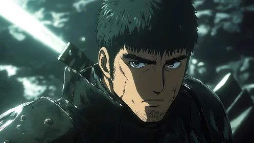 Stoic anime warrior standing strong in moody twilight.