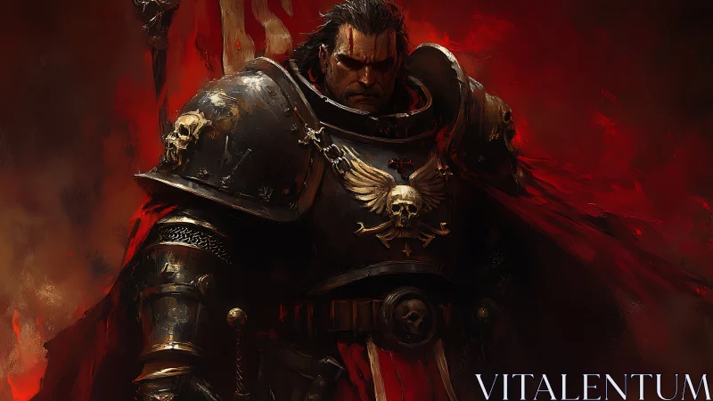 Grimdark power-armored warrior in skull sigil plate amid fire