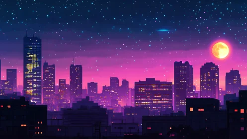 Digital painting of neon dusk skyline with layered silhouettes.