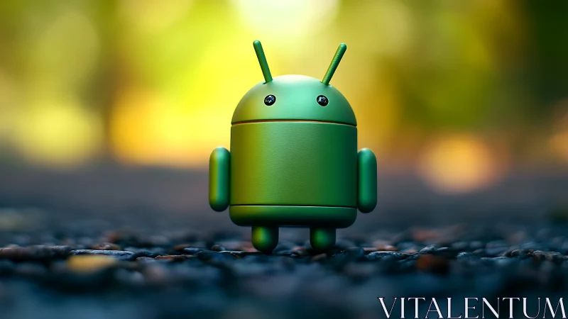 3D android mascot on pebble ground with shallow depth of field.