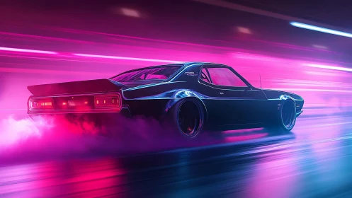 Retro muscle car drifts through neon cyberpunk tunnel night