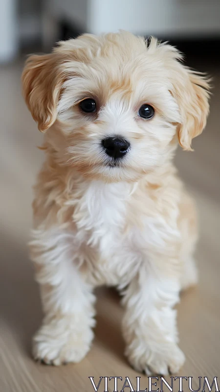 Shallow depth portrait isolates fluffy cream puppy indoors