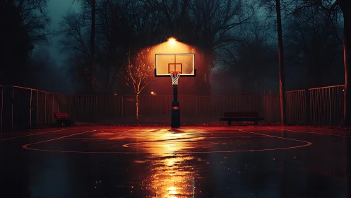 Rainlit basketball court glowing softly in the quiet night.