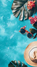 Summer beach flatlay with hat, sunglasses, leaves, flowers.
