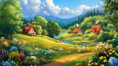 Sunny cottage valley wrapped in wildflowers and soft hills.
